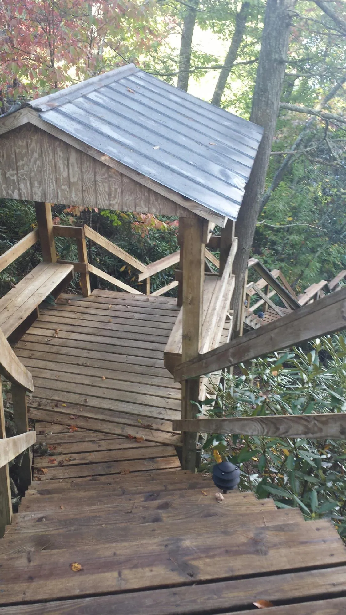 Metal roofed shelter over wooden steps on a wooded walkway — Skylight Repair & Installation work by our crew in Mount Upton